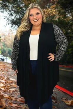 26 OT-C {Hidden Agenda} Black Cardigan W/Printed Sleeves PLUS SIZE 1X 2X 3X