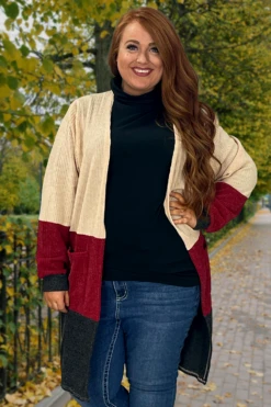40 OT-E {Holding Hope} Tan Burgundy Ribbed SALE!! Cardigan PLUS SIZE XL 2X 3X