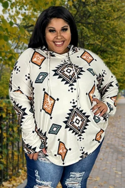 93 HD-R {Living Daydream} Cream Aztec Print Hoodie PLUS SIZE 1X 2X 3X