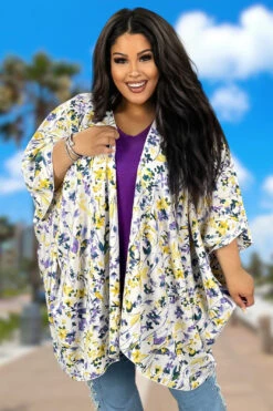 52 OT-B {Sweet As Ever} SALE! Ivory/Lavender Floral Kimono EXTENDED PLUS SIZE 3X 4X 5X