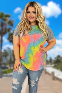 33 CP-P {All I Know} Neon Coral Tie Dye Stripe Sleeve Top PLUS SIZE XL 2X 3X