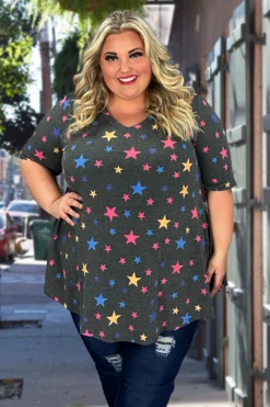 23 PSS-B {Star Power} Charcoal Multi Star Print V-Neck Top EXTENDED PLUS SIZE 3X 4X 5X