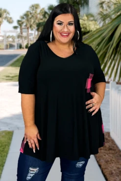 43 CP-B {The Next Step} Black/Fuchsia Check Print Top EXTENDED PLUS SIZE 3X 4X 5X