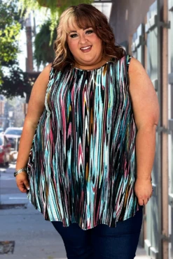 53 SV-D {Thoughts Of You} Teal/Pink Stripe Print Top EXTENDED PLUS SIZE 3X 4X 5X