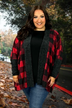 Cheap Clothing Store 31 56 OT-D {Upbeat Days} Red Large Check Print Cardigan EXTENDED PLUS SIZE 1X 2X 3X 4X 5X