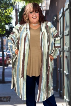 53 OT-C {Wake Up Call} Olive Striped Hooded Cardigan EXTENDED PLUS SIZE 3X 4X 5X