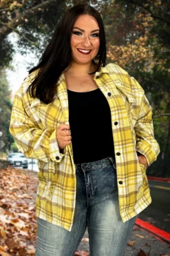 90 OT-C {Deserving Praise} Yellow Plaid Shacket PLUS SIZE XL 1X 2X!