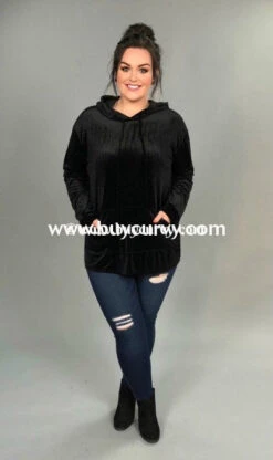 HD-N {Midnight Rodeo} SALE!! Black Velvet Ribbed Hoodie With Drawstring -Cheap Clothing Store hd n black velvet ribbed with drawstring runs small sale hoodies curvy boutique plus size clothing 2 291