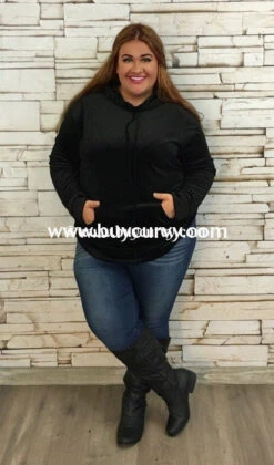 HD-N {Midnight Rodeo} SALE!! Black Velvet Ribbed Hoodie With Drawstring -Cheap Clothing Store hd n black velvet ribbed with drawstring runs small sale hoodies curvy boutique plus size clothing 3 371