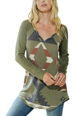 13 CP {Ready For More} Olive/Denim Print V-Neck Top PLUS SIZE XL 2X 3X