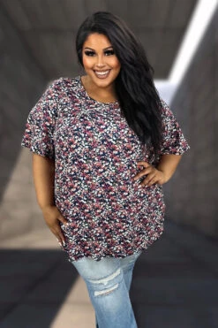 28 PSS {Always Inticing} Navy/Pink Ditsy Floral Print Top EXTENDED PLUS SIZE 4X 5X 6X