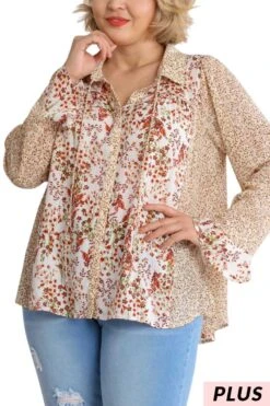 22 CP {Rules For Success} Umgee Ivory Brown Floral Top PLUS SIZE XL 1X 2X