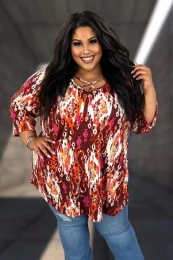 65 PSS {Never Miss Out} Burgundy Print Criss-Cross Tunic CURVY BRAND!!! EXTENDED PLUS SIZE 4X 5X 6X