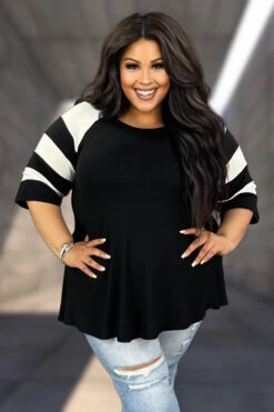 11 CP-A {Curvy Hanging Out} Black Tunic W/Striped Sleeve CURVY BRAND!!! EXTENDED PLUS SIZE XL 2X 3X 4X 5X 6X