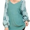 13 CP {How Beautiful} Teal V-Neck Floral Sleeve Top PLUS SIZE XL 2X 3X