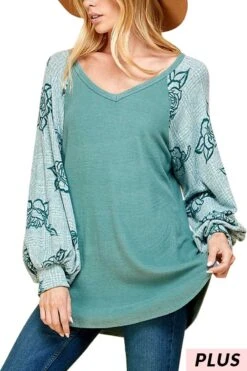13 CP {How Beautiful} Teal V-Neck Floral Sleeve Top PLUS SIZE XL 2X 3X
