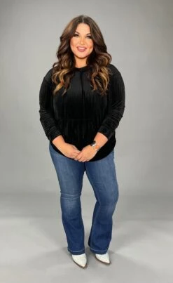 HD-N {Midnight Rodeo} SALE!! Black Velvet Ribbed Hoodie With Drawstring