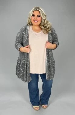35 OT-B {Holding On} Charcoal Tiered Cardigan W/Hood PLUS SIZE 1X 2X 3X