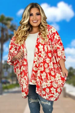 53 OT-C {Let Love In} SALE! Red/Ivory Floral Kimono EXTENDED PLUS SIZE XL 2X 3X 4X 5X