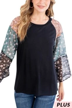 23 CP {Put Worries Aside} Black Top W/Floral Sleeves PLUS SIZE 1X 2X 3X