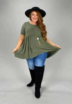 52 Or 43 SSS-K [Feeling The Love} Light Olive Babydoll Tunic PLUS SIZE 1X 2X 3X