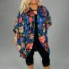 44 OT-A {Vibrant Vibes} Umgee! Black Mix Floral Kimono PLUS SIZE XL/1X 1X/2X