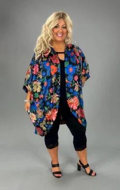 44 OT-A {Vibrant Vibes} Umgee! Black Mix Floral Kimono PLUS SIZE XL/1X 1X/2X