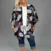 41 OT-A {Show You How} Navy Leaf Print Kimono PLUS SIZE XL 2X 3X