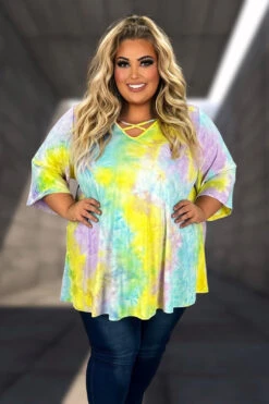 50 PSS {My Treasure} Yellow/Purple Tie Dye Criss-Cross Tunic CURVY BRAND!!! EXTENDED PLUS SIZE 4X 5X 6X