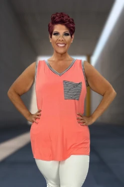 28 SV-D {Positive Feelings} Coral SALE!! Stripe Print Top PLUS SIZE XL 2X 3X