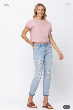 BT-F {Judy Blue Boyfriend Fit} Lt. Blue Ripped Jeans PLUS SIZE 20W 22W