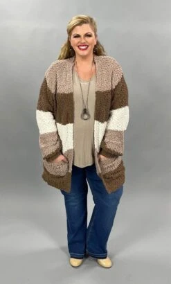 35 OT-A {Get Cozy} Mocha Brown Ivory Popcorn Cardigan PLUS SIZE XL 2X 3X