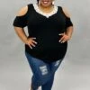 52 OS-A {Incredible Look} Black Ivory Crochet Neck Top PLUS SIZE 1X 2X 3X