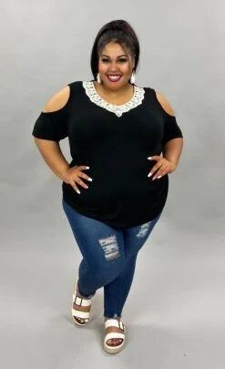52 OS-A {Incredible Look} Black Ivory Crochet Neck Top PLUS SIZE 1X 2X 3X