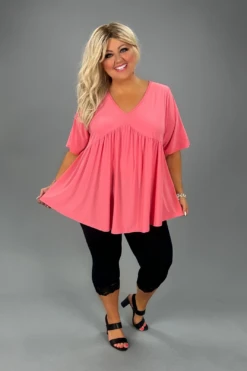 14 SSS-D {Beyond Romance} Coral V-Neck Babydoll Tunic CURVY BRAND!!! EXTENDED PLUS SIZE 1X 2X 3X 4X 5X 6X