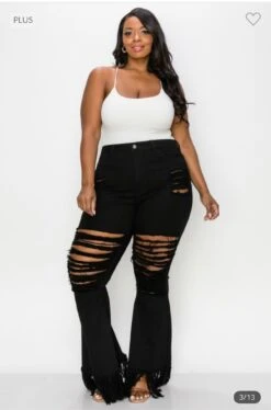 LEG-58 {The Map} Black Destroy Flared Fringe Hem Jeans PLUS SIZE 1X 2X 3X