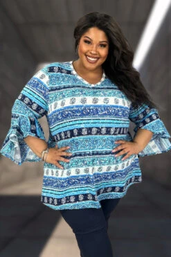 90 PQ {Strive For The Best} Blue Stripe Print V-Neck Top EXTENDED PLUS SIZE 4X 5X 6X
