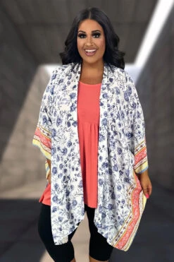 33 OT-A {Still Holds True} Ivory/Blue Floral Kimono PLUS SIZE XL 2X 3X