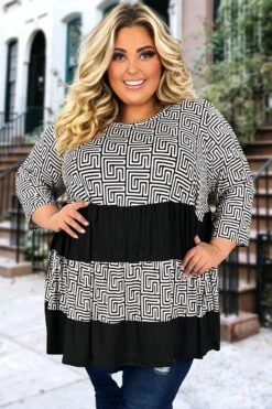 32 CP-N {The Maze Knows} Black Maze Print Tiered Top CURVY BRAND!!! EXTENDED PLUS SIZE 4X 5X 6X