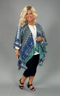 19 OT-T {On A Good Day} Royal Blue Print Ruffle Kimono PLUS SIZE 1X/2X 2X/3X
