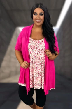 11 OT-A {Splendid Day} Fuchsia Short Sleeve Cardigan PLUS SIZE 1X 2X 3X