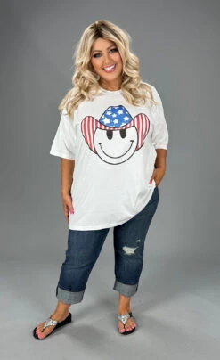 79 GT {Patriotic Smiley} SALE! White Graphic Tee PLUS SIZE 1X 2X 3X