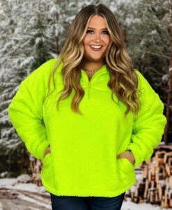 25 OR 31 SLS-A {For The Moment} Neon Lime Fleece Pullover SALE!! PLUS SIZE 1X 2X 3X