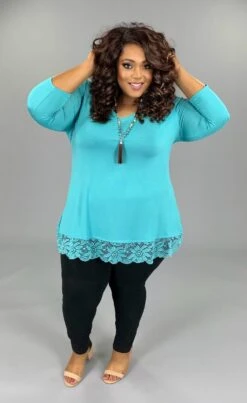SD-M (Just Amazing) Ash Mint V-Neck ***SALE***Tunic With Lace Hem PLUS SIZE 1X 2X 3X