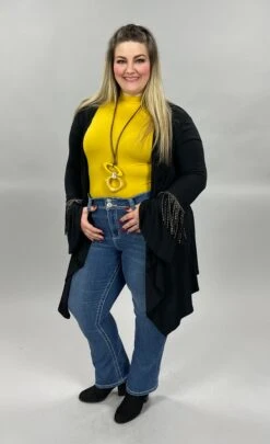 45 OT-B {Double Shot} Black Cardigan With Gold Studded Fringe Plus Size 1X 2X 3X