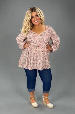 29 PLS-H {Be Exclusive} Umgee SALE! Blush Floral Babydoll Top PLUS SIZE XL 1X 2X