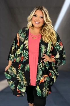 24 OT-C {The Palm Effect} Black Palm Leaf Print Kimono EXTENDED PLUS SIZE 3X 4X 5X