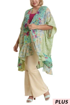 35 OT-K {Look Ahead} Umgee Mint Multi-Print Kimono PLUS SIZE XL/1X 1X/2X