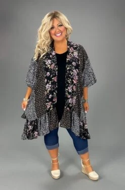 34 OT-L {I Am Here} Umgee Black Mulit-Print Kimono PLUS SIZE XL/1X 1X/2X