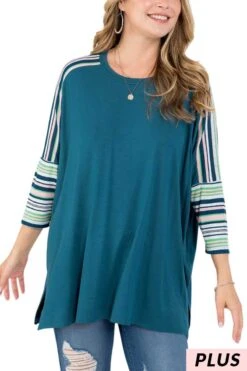 Cheap Clothing Store 13 19 CP {Ready To Love} Dark Teal Top W/Striped Sleeves PLUS SIZE 1X 2X 3X
